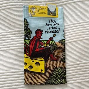 Blue Q Dish Towel Light Blue Red Yellow Black Devil with Cheese